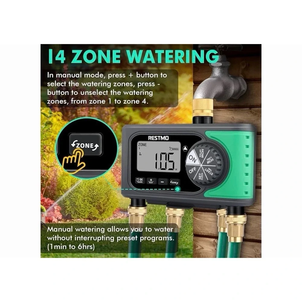 RESTMO 4-Outlet Sprinkler Timer w/Brass Inlet 4-Zone Programmable Water Timer